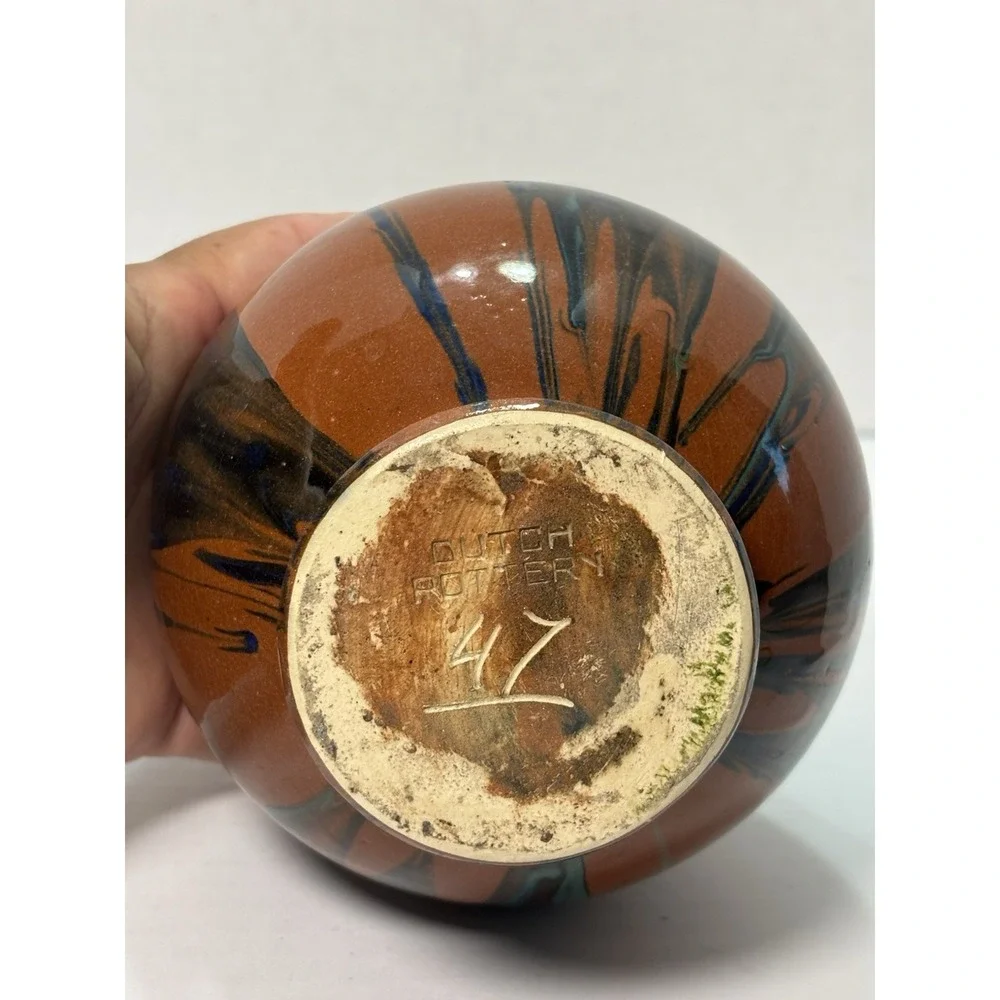 Vintage Dutch Pottery Vase #47‎ Drip Glaze Blue Green Brown MCM 7.5